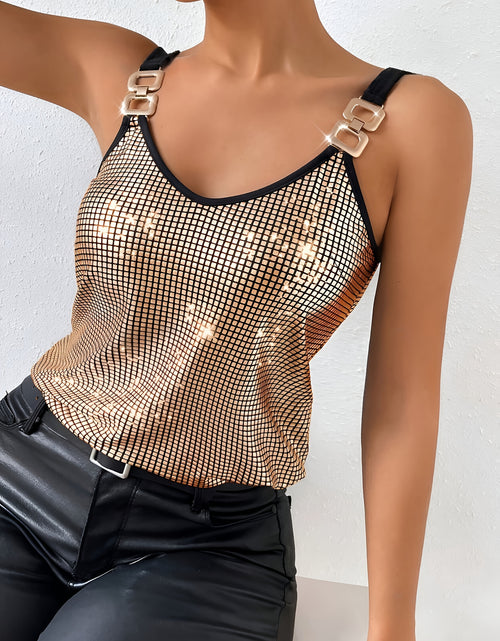 Load image into Gallery viewer, Elegant Golden Sequin Tank Top - Sleeveless, V-Neck, Polyester, Machine Washable - Women's Versatile All-Season Wear