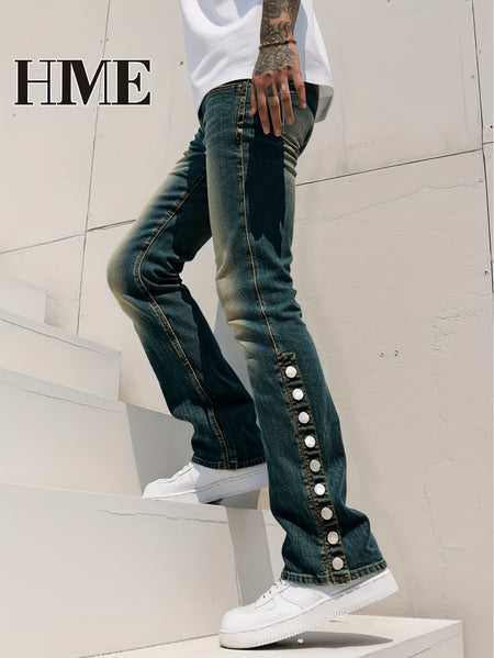 Men Light-Washed Distressed Denim Jeans - Mid-Stretch Slim-Fit Flared Bell-Bottom Trousers with Fringed Hem & Ripped Details, Mid-Rise Built-In Zipper Closure