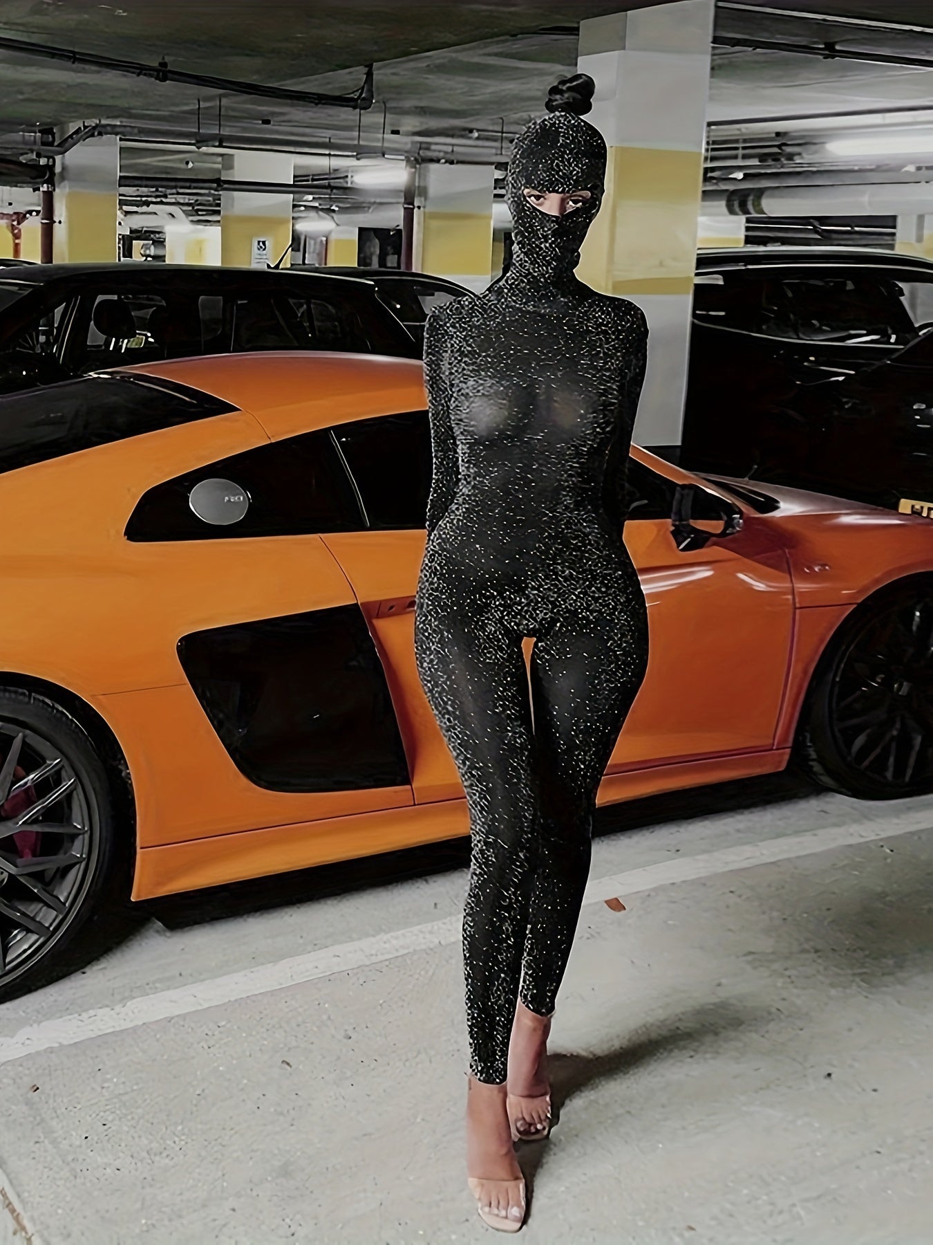 Backless Long Sleeve Glitter Mock Neck Slim Jumpsuit for Spring, Women's Clothing