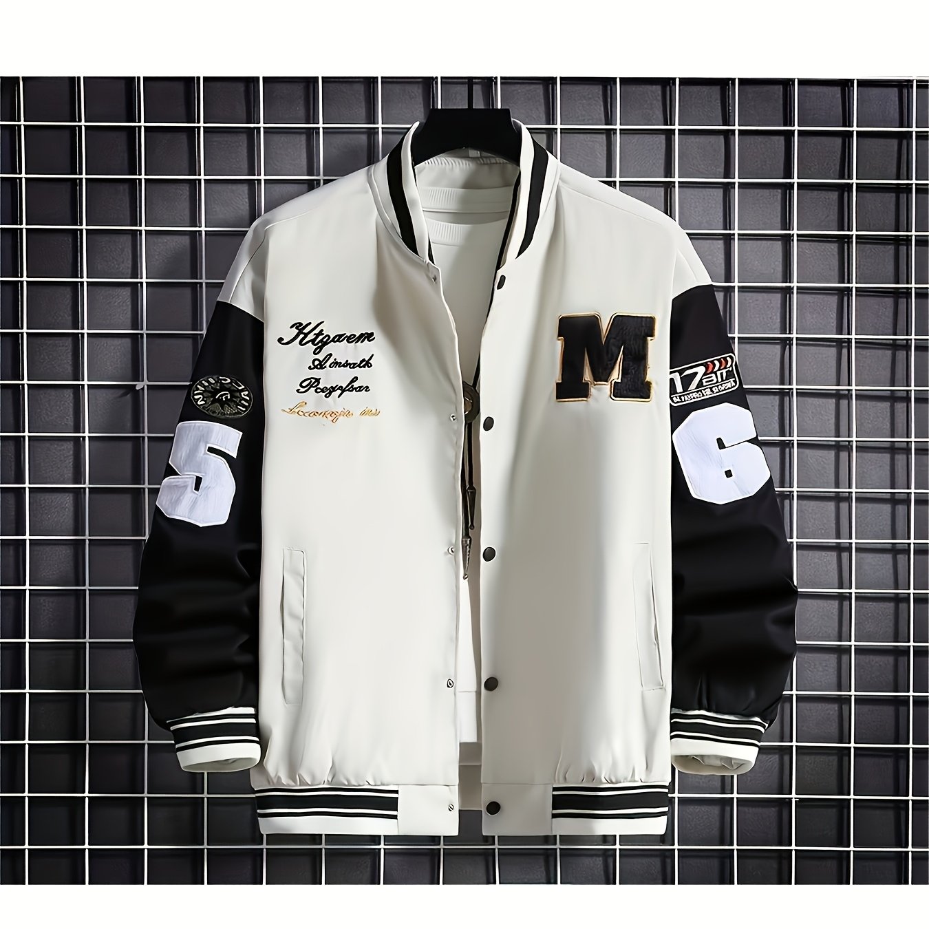 Plus Size Men Baseball Jacket, Casual Polyester Stand Collar with Snap Closure, Non-Stretch Woven Fabric, Loose Fit, with Monogram Patches, for Spring/Fall - Men Sports & Active