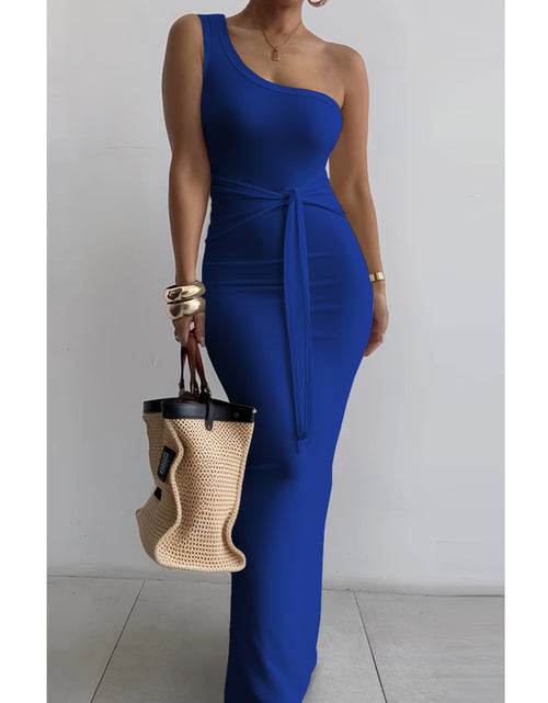 Load image into Gallery viewer, Women's Summer One-Shoulder Waist Tie Slim-Fit Pencil Dress - Sleeveless Elegant Solid Blue Long Dress for Casual & Formal Occasions