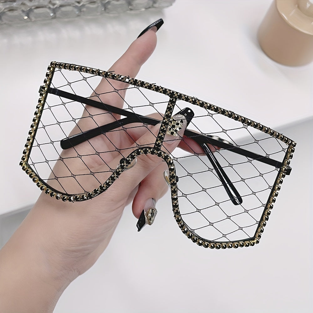 Square Rhinestone Mesh Shield Glasses for Women - Glamorous Eyewear with Protective Case, Fashion Accessory