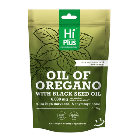 Hi Plus Oil Of Oregano Soft gels 6000mg Per Serving, 300 Count | 2-in-1 Formula With Black Seed Oil 200mg, 4X Strength Carvacrol & Thymoquinone | Plant-Based, Immune Support