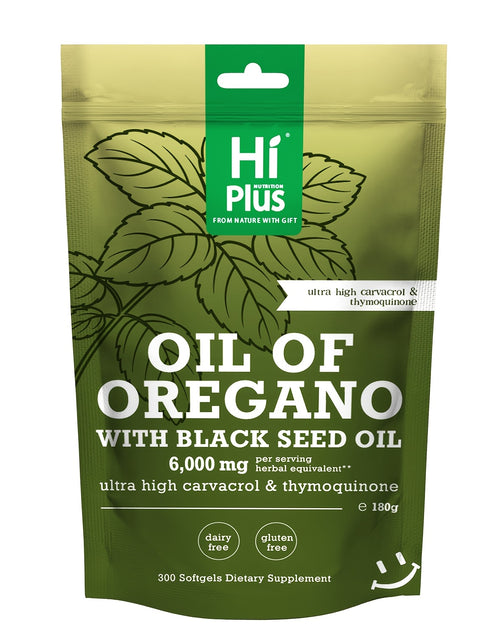 Load image into Gallery viewer, Hi Plus Oil Of Oregano Soft gels 6000mg Per Serving, 300 Count | 2-in-1 Formula With Black Seed Oil 200mg, 4X Strength Carvacrol & Thymoquinone | Plant-Based, Immune Support