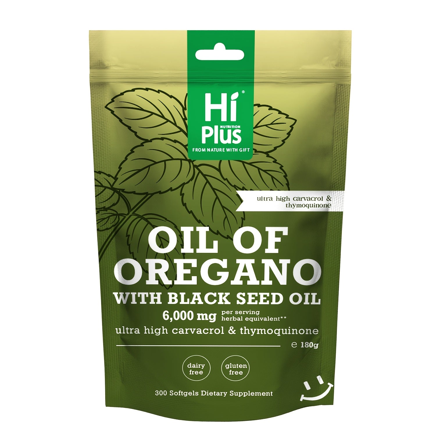 Hi Plus Oil Of Oregano Soft gels 6000mg Per Serving, 300 Count | 2-in-1 Formula With Black Seed Oil 200mg, 4X Strength Carvacrol & Thymoquinone | Plant-Based, Immune Support