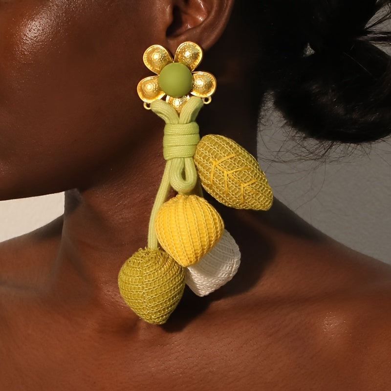 Boho-Chic Alloy Flower & Fabric Leaf Tassel Earrings - Stainless Steel Posts, Resin Accents, Bohemian Style, Unique Design