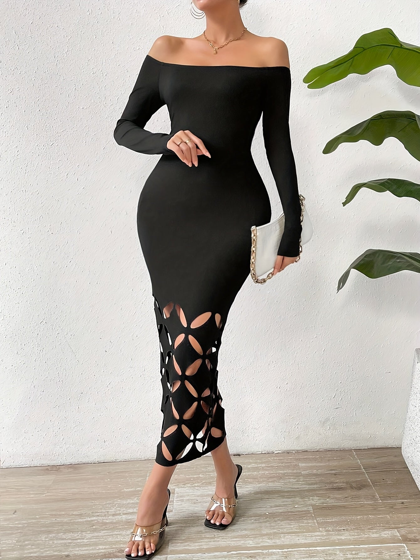 Women's Off-Shoulder Long Sleeve Bodycon Dress - Solid Color with Hollow Cut-Out Details, Stretchy Knit Fabric, Machine Washable, Spring/Summer Casual to Evening Wear