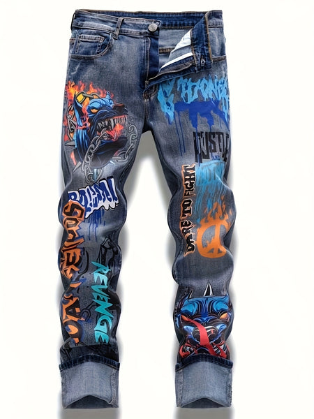 Graffiti Distressed Washed And Distressed Jeans Men Jeans Para Hombre, Designer Jeans for Men, Straight-Leg Wide-Leg Stretch All-Season Streetwear Y2K Vintage Wash Fashion