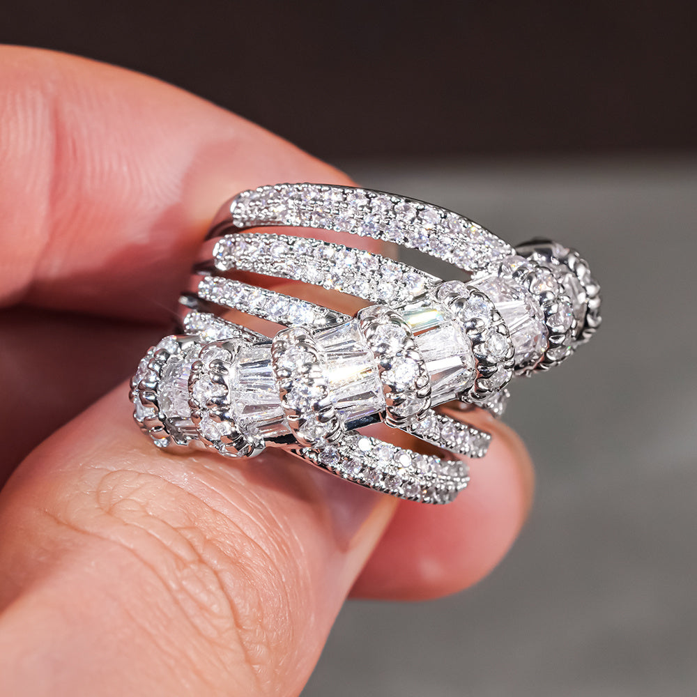 A Luxurious Wide Band Ring for Women, Adorned with Intricately Set Synthetic Zirconia, Featuring an Irregular Design, Perfect for Weddings, Parties, And Cocktail Events, Making It an Exquisite Gift.