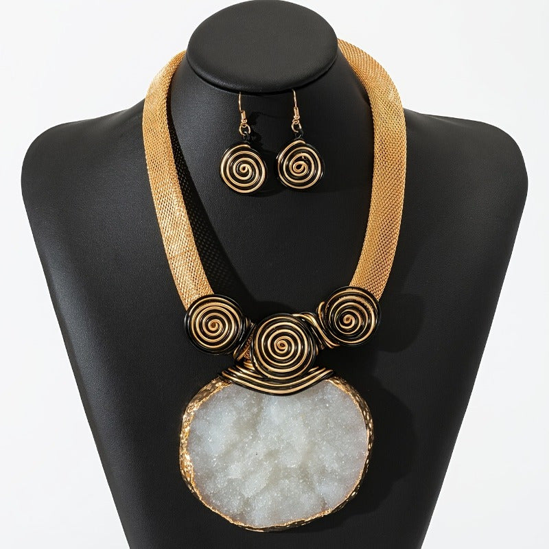 Bo ho-Chic Handcrafted Aluminum Alloy & Natural Stone Jewelry Set - Includes Pendant Necklace and Earrings, Perfect for Parties & Casual Attire