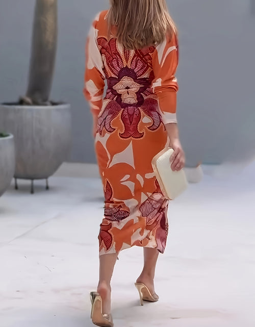 Load image into Gallery viewer, Vintage Baroque Slim Fit Midi Dress Long Sleeve Plunge V-Neck Bodycon Sexy Split Geometric Pattern Casual Wear Polyester Blend