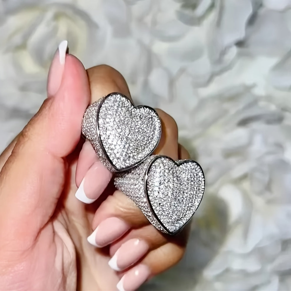 Hip-Hop Style Ring Inlaid with Sparkling Cubic Zirconia,  Heart-Shaped Ring,