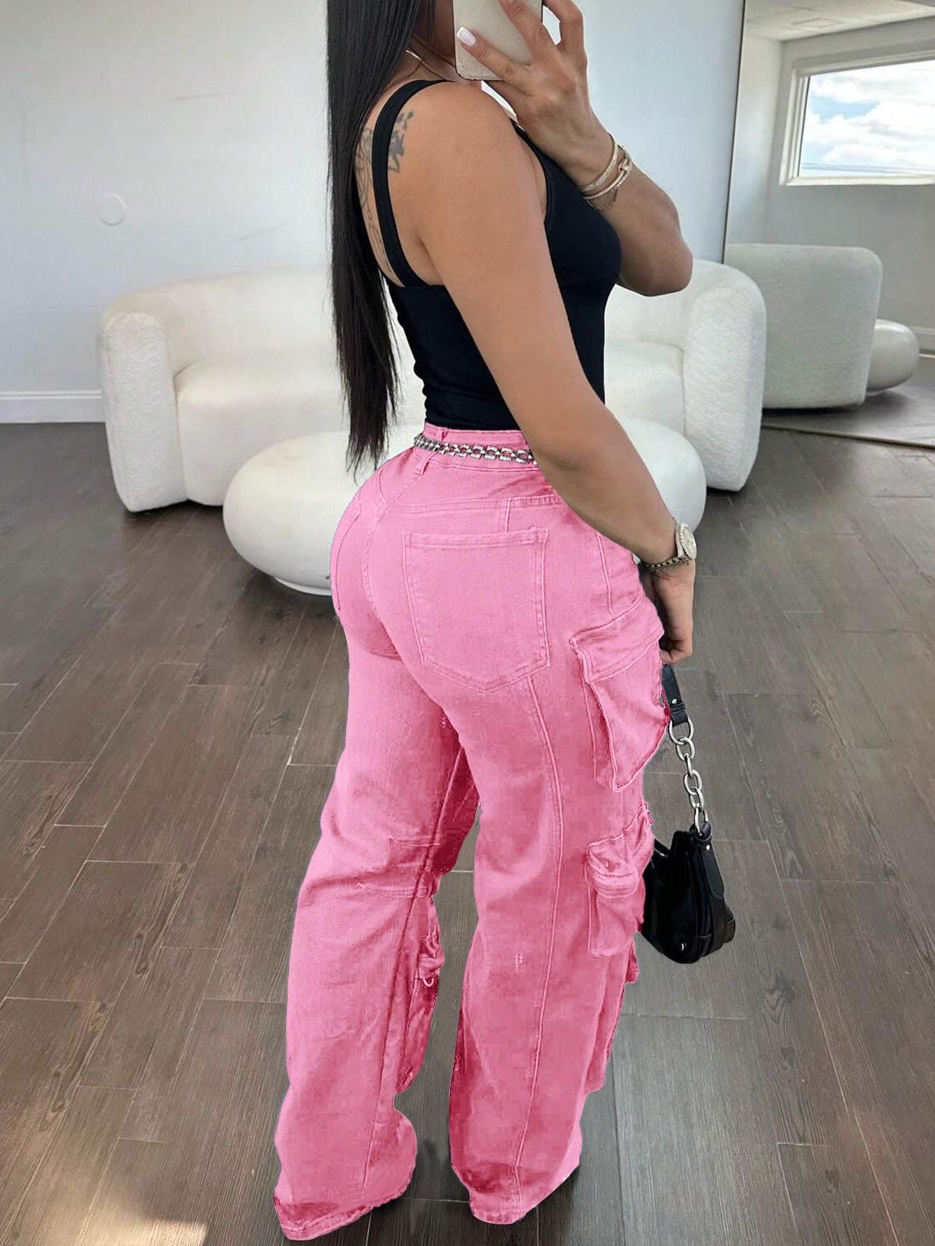 Women Cargo Jeans High Waisted Cargo Pants Y2k Baggy Wide Leg Denim Trousers With Flap Pockets