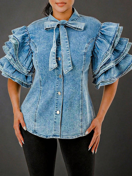Women Denim Blouse - Bow Neck with Tiered Ruffle Sleeves | Casual Chic Fit for Weekend Brunch, Coffee Dates & Shopping Trips | Versatile Styling for Everyday Looks, Gatherings & Errands