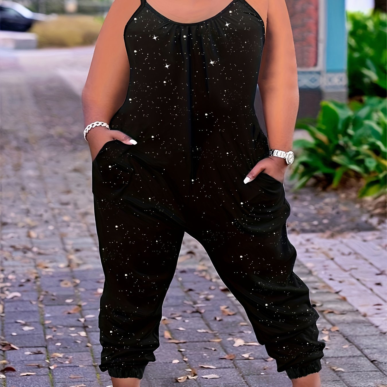 Stylish Plus Size Pockets Cami Jumpsuit - Women's Plus Size Clothing, Casual Sleeveless Summer Jumpsuit with Pockets for Comfort and Convenience