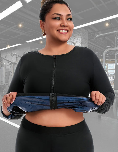 Load image into Gallery viewer, Women's Plus Size Long Sleeve Zip-Up Yoga Top - Stretchy Polyester Athletic Shirt, Breathable Workout Tee for Gym & Training, Black, Gym Wear | Sleek Design | Glossy Fabric