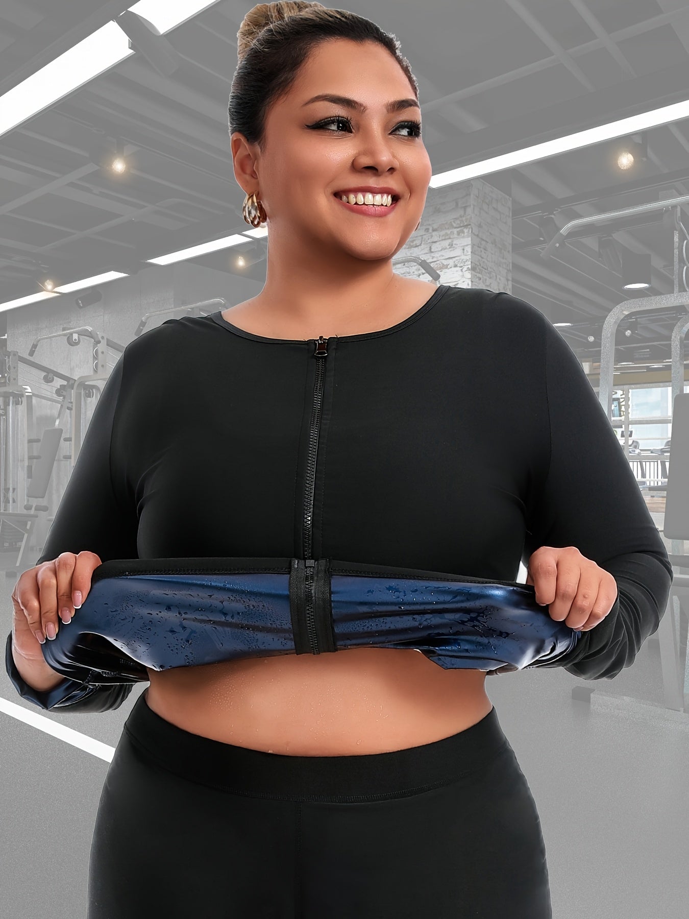 Women's Plus Size Long Sleeve Zip-Up Yoga Top - Stretchy Polyester Athletic Shirt, Breathable Workout Tee for Gym & Training, Black, Gym Wear | Sleek Design | Glossy Fabric