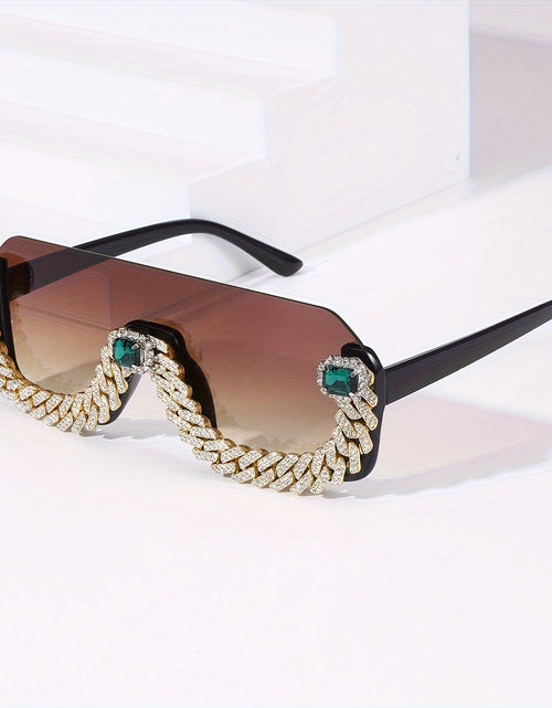 Load image into Gallery viewer, Men Hip-Hop Style Semi-Rimless Glasses with TAC Lenses, Zinc Alloy Frame, and Decorative Metal Chain - Fashionable Eyewear for Casual Wear