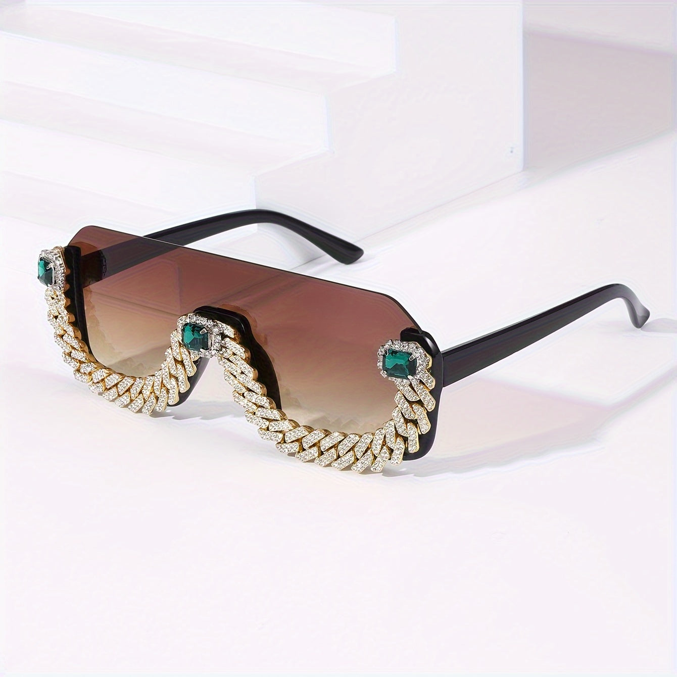 Men Hip-Hop Style Semi-Rimless Glasses with TAC Lenses, Zinc Alloy Frame, and Decorative Metal Chain - Fashionable Eyewear for Casual Wear