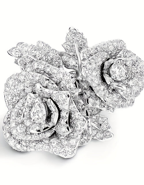 Load image into Gallery viewer, Elegant Copper Plated Double Rose Crystal Ring - Luxurious Synthetic Zirconia Floral Design for Women