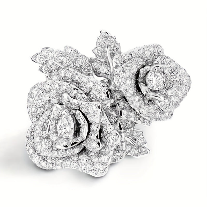 Elegant Copper Plated Double Rose Crystal Ring - Luxurious Synthetic Zirconia Floral Design for Women
