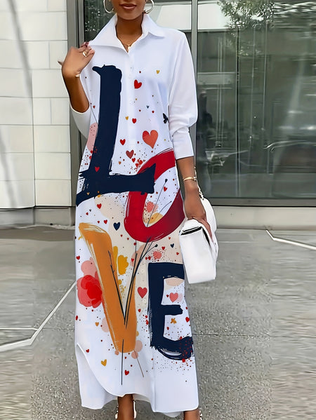 Women Lightweight A-Line Lapel Collar Shirt Dress - Retro Short Sleeve Spring Summer Dress with Colorful Heart & Letter Print, Machine Washable