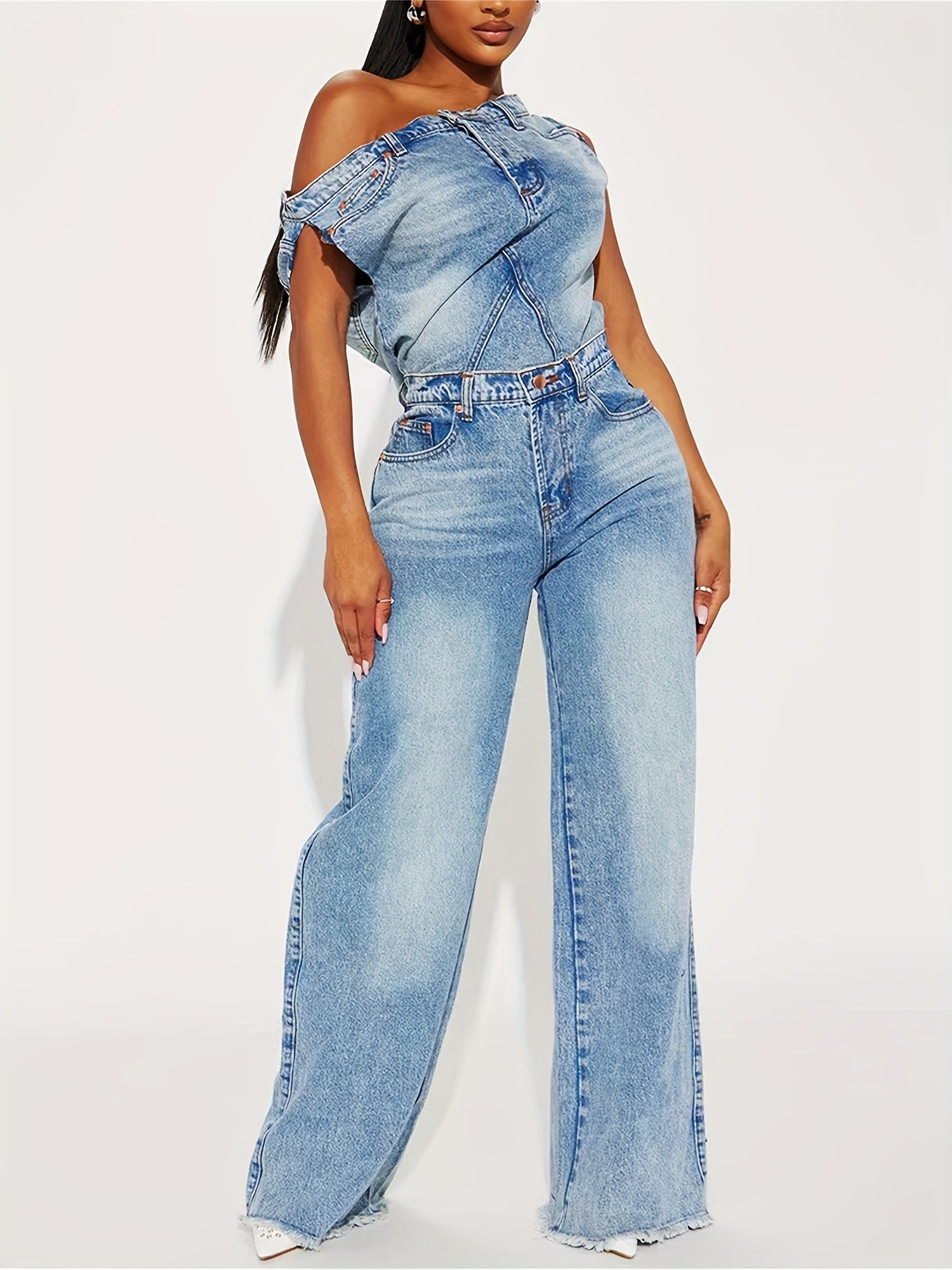 Women's Denim Jumpsuit - Y2K Inspired, Distressed Blue, Wide Leg, Asymmetrical Hem, Vintage 90s Style