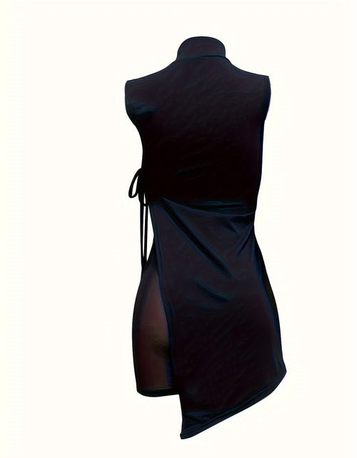Load image into Gallery viewer, New  Asymmetric High-Waist Mesh Shorts Set with Black Turtleneck Top,