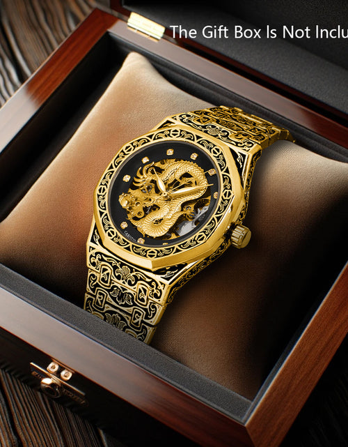 Load image into Gallery viewer, Fashionable Men Golden Steel Band Gorgeous Dragon Carved Fully Automatic Mechanical Watch, Without Battery