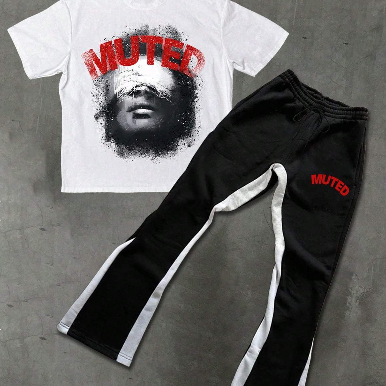 Men "MUTED" Graphic T-Shirt & Joggers Set - Casual Summer Outfit with Bold Red Letter Print, Loose Fit, Breathable Fabric