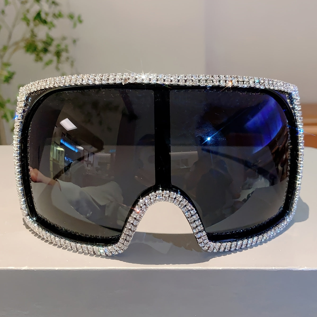 Women Fashion Oversized Glasses with Rhinestone Accents, Black PC Lenses, and Pink Frame - Stylish Futuristic Design and Fashionable Accessory, Fashion Glasses
