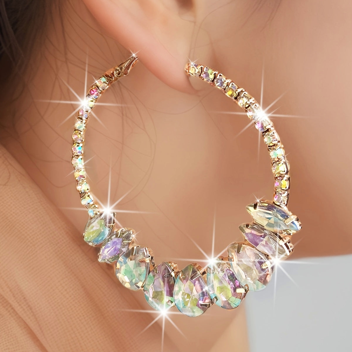 Hoop Pear Shaped Bedazzle Earrings in Gold