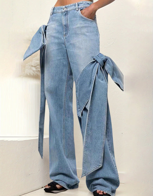 Load image into Gallery viewer, Women's High-Waisted Wide-Leg Jeans with Bow Tie Detail - Vintage Washed Denim, Y2K Streetwear Style, Machine Washable Straight-Leg Pants