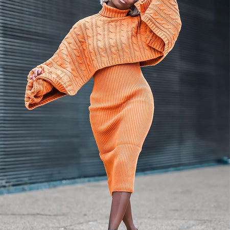 Women 2pcs High Neck Cape Sleeves Sweater Tops And Tank Dress Set - Chic And Casual Style For Fall , Winter