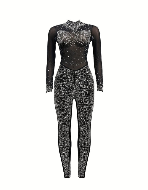 Load image into Gallery viewer, Solid Color Stand Neck Jumpsuit, Y2K Mesh Rhinestone Long Sleeve Jumpsuit For Spring & Summer, Women's Clothing