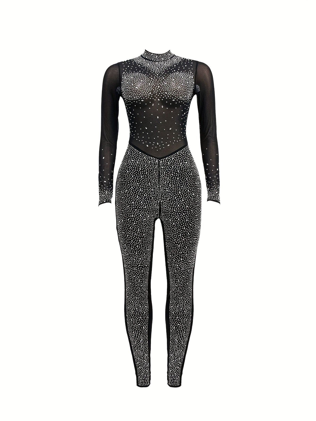 Solid Color Stand Neck Jumpsuit, Y2K Mesh Rhinestone Long Sleeve Jumpsuit For Spring & Summer, Women's Clothing