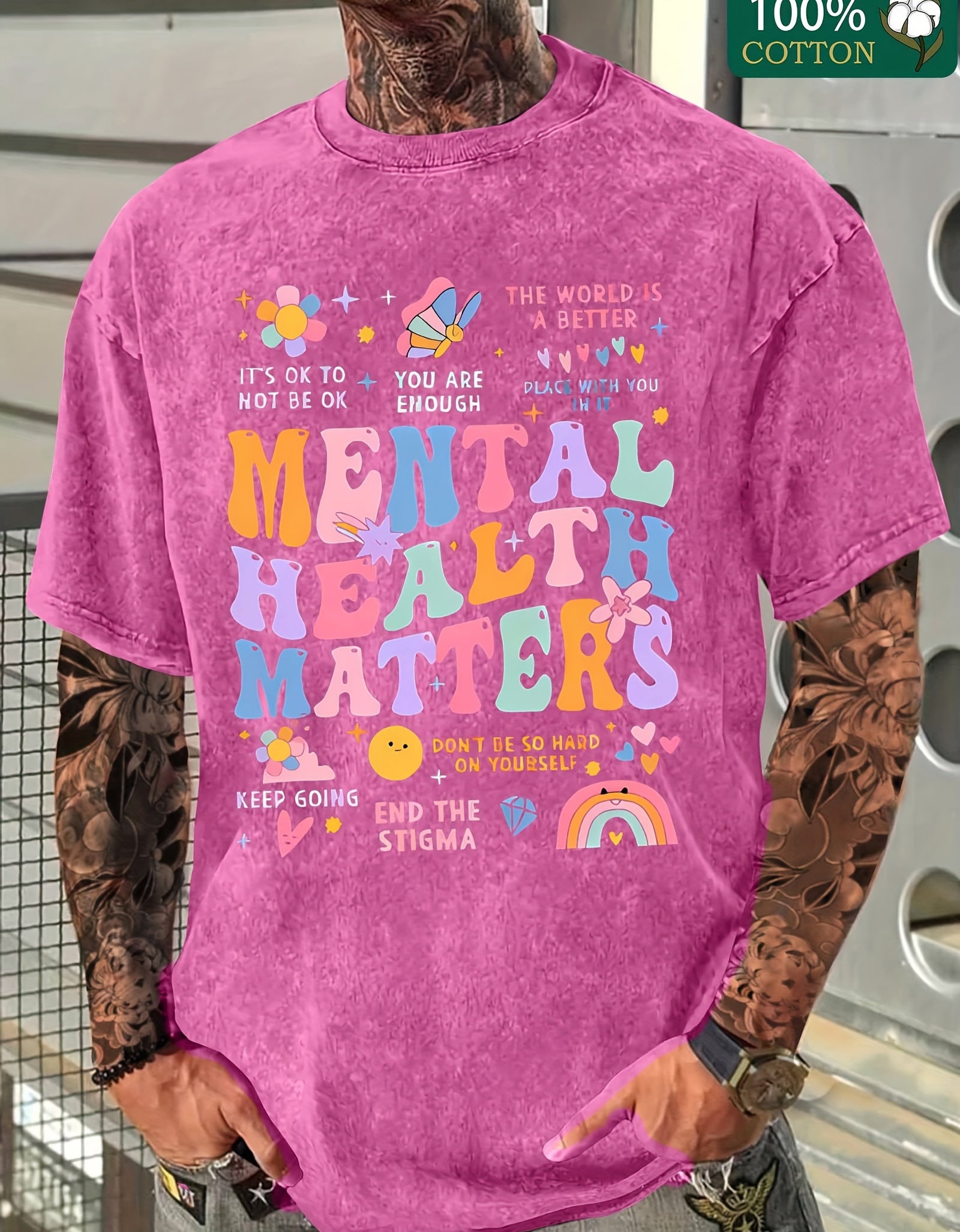 Vibrant Graphic Print Crew Neck T-Shirt - Men's Fashion Casual Short Sleeve Cotton Tee  Washed Aged Cotton, Relaxed Fit for Everyday Wear