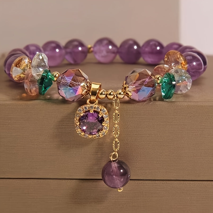 Classic Amethyst Bead Bracelet Featuring Cubic Zirconia, Non-Coated Fashion Jewelry for Women
