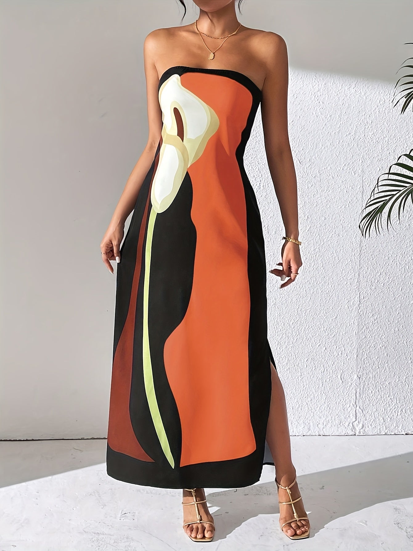 Women'S Spring And Summer Casual Elegant Women'S Avocado Print Strapless Midi Dress