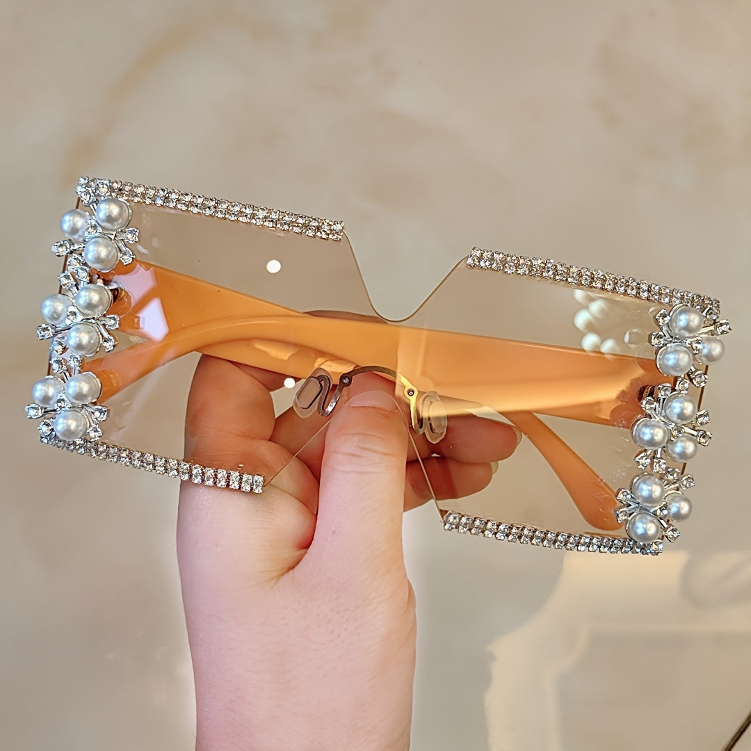 Luxury Rhinestone Glasses With Pearls- Square Frame, Perfect for Party Fashion Decoration