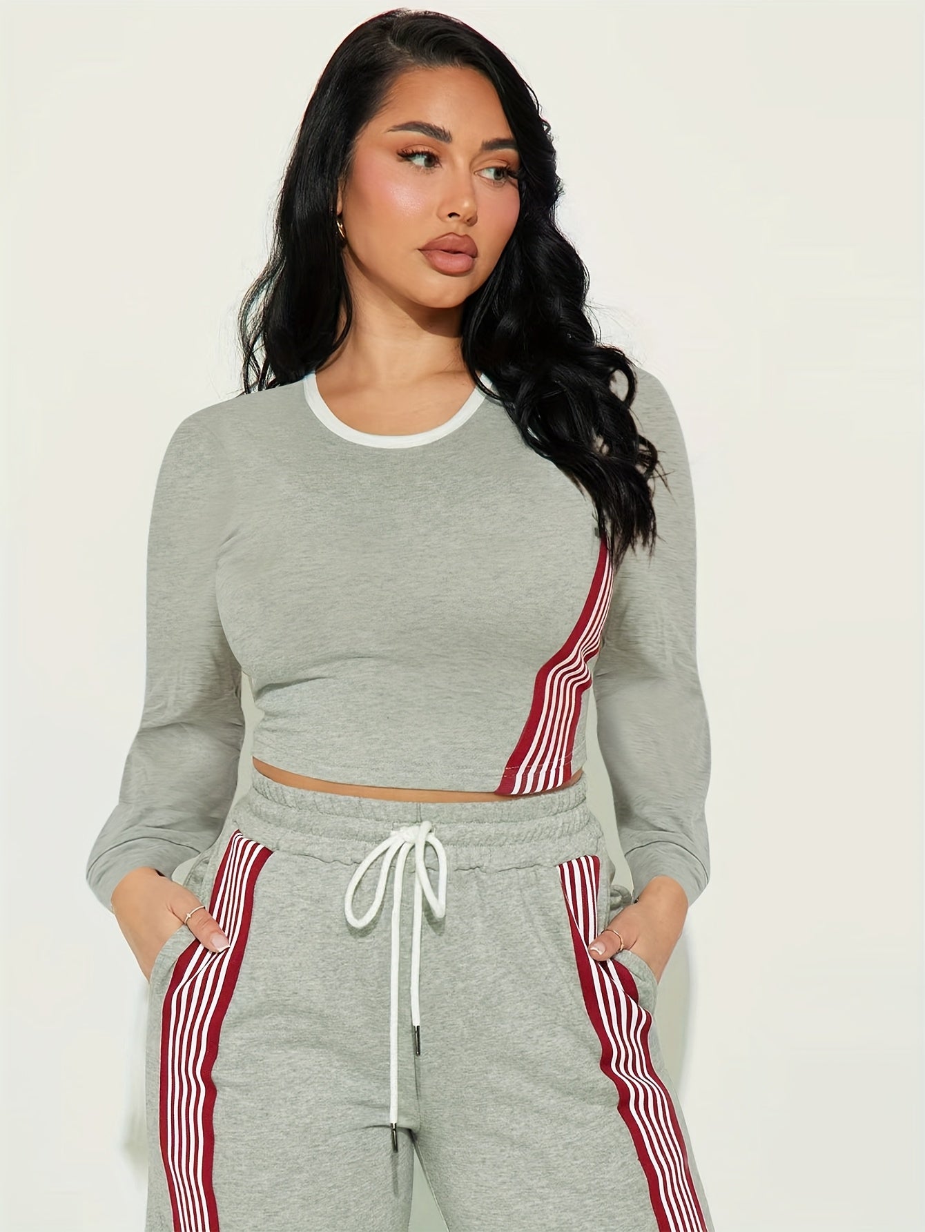 2pcs Women Casual Long Sleeved Top And Side Striped Style Drawstring Pocket Pants Set For Autumn And Winter