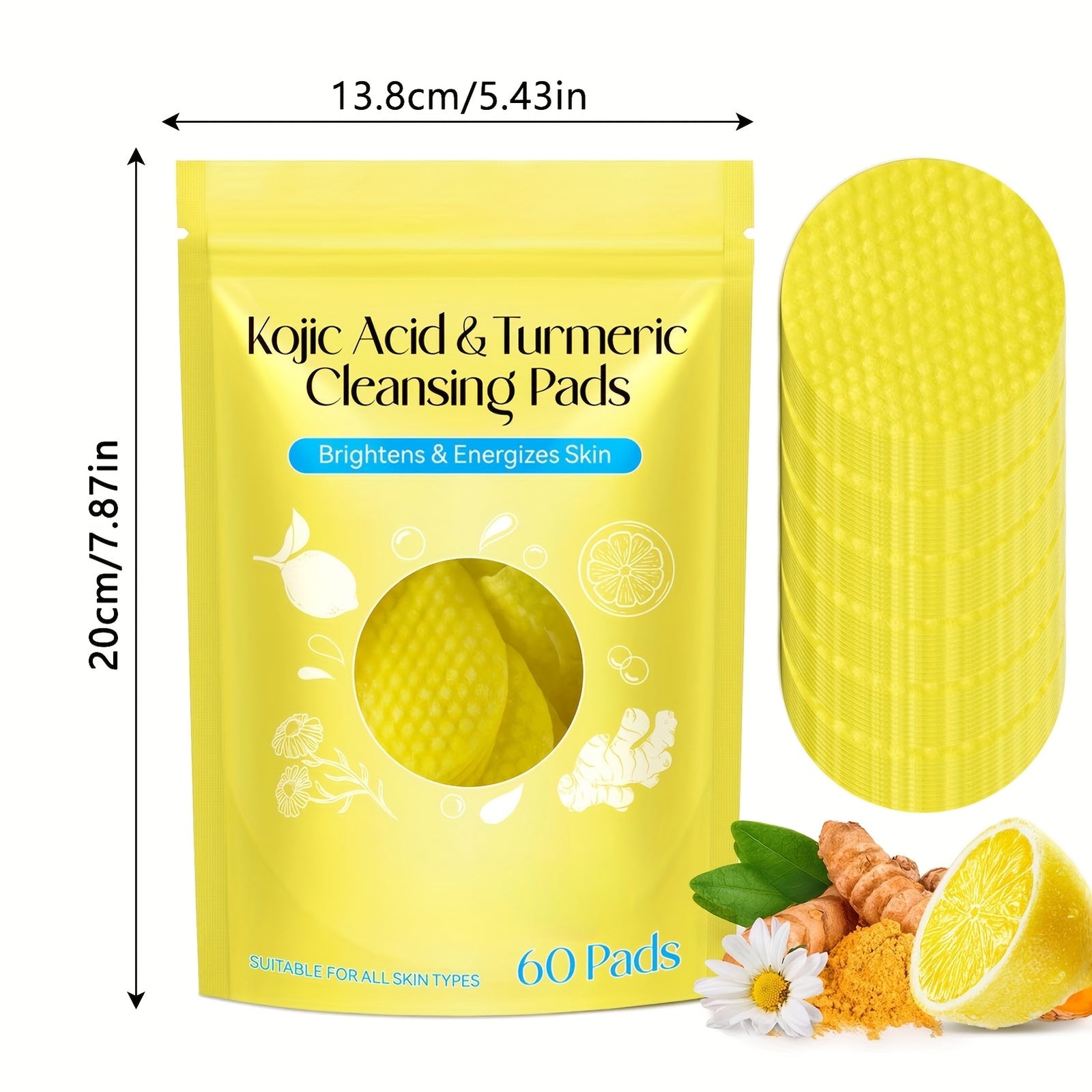 Kojic Acid & Turmeric Cleansing Pads: 60 Pads with Double-Sided Texture for All Light Beige Types - Gentle, Non-Irritating, And Infused with Curcumin, Chamomile, And Turmeric for A Natural Glow