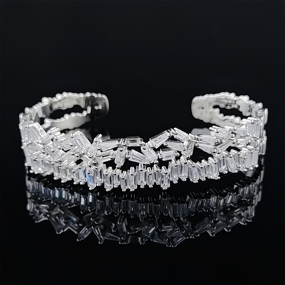 Luxury Double Layer Open Cuff Bracelet with Sparkling Synthetic Zirconia Stones