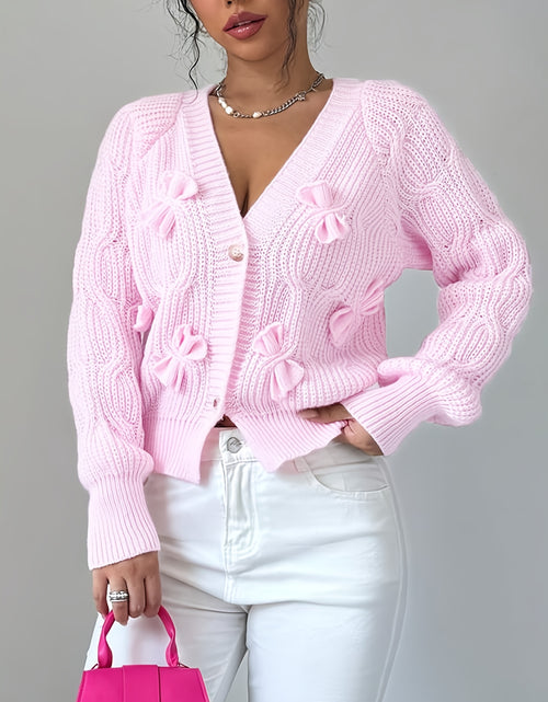 Load image into Gallery viewer, Women's Elegant Soft Pink Sweater Cardigan - Chic V-Open Front Neckline, Long Sleeve Layering Piece for Fall/Winter, Non-Transparent Sweater for Everyday & Formal Outfits, Winter Apparel, Ribbed Texture, Durable Knitwear