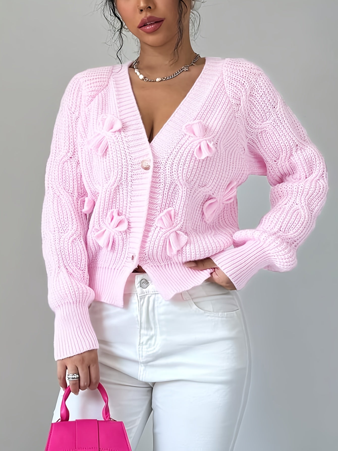 Women's Elegant Soft Pink Sweater Cardigan - Chic V-Open Front Neckline, Long Sleeve Layering Piece for Fall/Winter, Non-Transparent Sweater for Everyday & Formal Outfits, Winter Apparel, Ribbed Texture, Durable Knitwear