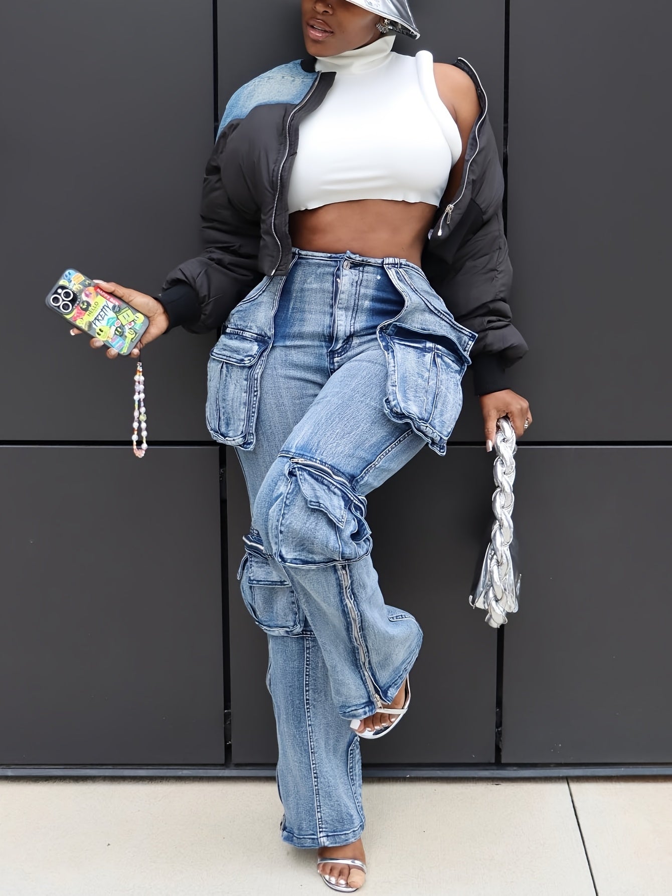 Women Y2K High Waisted Cargo Jeans - Stretch Denim Pants With Flap Pockets, Straight Leg Baggy Streetwear & Casual Comfort