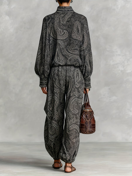 Women Elegant Vintage Paisley Print Chiffon Long-Sleeve Top with a Stand Collar, Paired with Loose-Fitting Wide-Leg Pants for Casual Everyday Wear