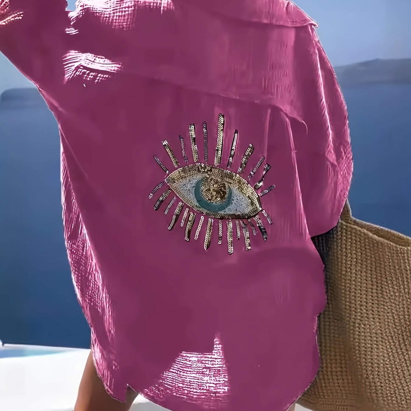 Plus Size Women's Teal Blue Beach Cardigan - Long Sleeve, Loose Fit, Sequin Third Eye Design, Soft Polyester Knit Fabric for Spring/Summer