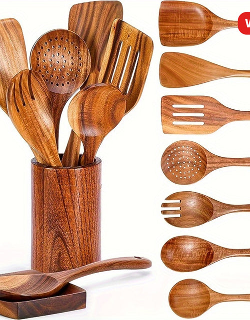 Load image into Gallery viewer, 9pcs Natural Teak Wooden Kitchen Utensil Set with Spoon Rest - Comfort Grip Cooking Spoons And Utensils Holder