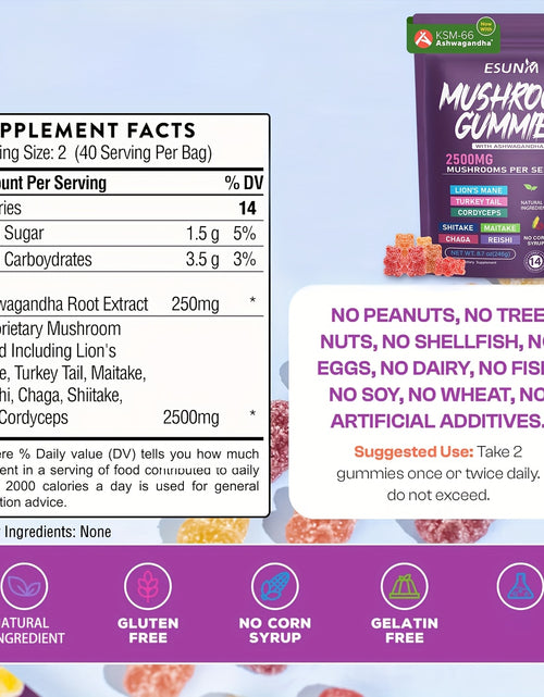 Load image into Gallery viewer, 1/2/3/4 Bags of Lion's Mane Mushroom Gummies, Ashwagandha Gummies - Contains Ganoderma, Cordyceps, Turkey Tail, Dancer's Mushroom, Shiitake and Bupleurum, Low Carb, 80 Gummies per Bag, ESUNM